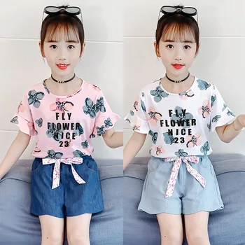 קוריאני בגדי ילדים 2023 בנות קיץ סט חולצה+מכנסיים קצרים ילדים ילדה בגדי קיץ להגדיר נערות בגדי 12-14 שנים.