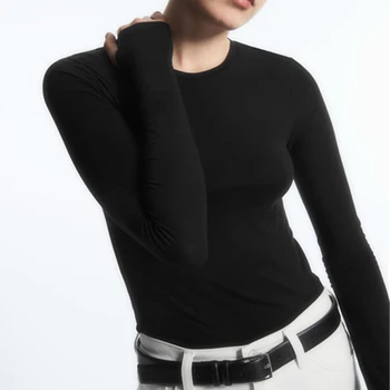 נבול 2023 בסיסי פשוט נשים עם שרוולים ארוכים חולצה סתיו הבריטי Slim-Fit צוואר עגול קוטון החולצה מזדמנים