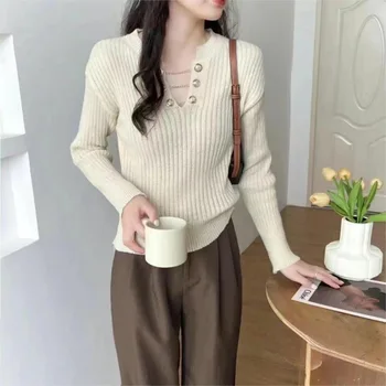 נשים בלבוש חדש 2022 סגנון קוריאני פשוטה V-צוואר שרשרת הרזיה ארוך שרוול סוודר עליון לסרוג סוודר