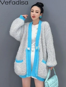 Vefadisa 2023 סתיו החורף חדש לנשים Colorblocking מקרית טרנדי הילדה סרוגים המותאמות קרדיגן נשים ללבוש סוודר ZY2430
