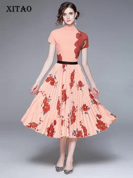 XITAO קפלים הדפס השמלה סטים פשטות אופנה סלים מזג חצי גבוה צווארון שרוול קצר למעלה חצאית שתי חתיכות סטים DMJ2268