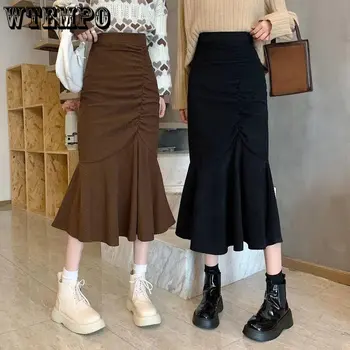 WTEMPO אופנה גבוהה המותניים קורדרוי חצאיות הנשים החדש באביב בסתיו סלים היפ חצאית בתולת ים נשים קוריאני קפלים חום שחור חצאיות