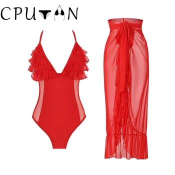 CPUTAN 2023 סקסי 3D פרח אחד חתיכת בגד ים חצאית הלטר ביקיני סט תחרה נשים בגדי ים Biquini חליפת שחייה לכסות את השמלה.