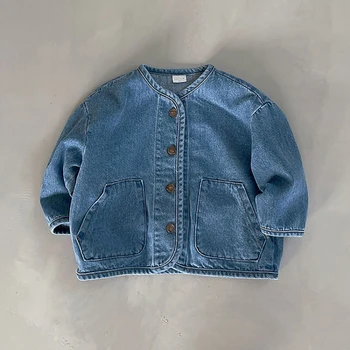 2023 החדש ילדי ג ' ינס מעיל קוריאני בנים בנות O-צוואר יחיד-שולי המעיל מזדמן אופנה Windproof קרדיגן מקסימום