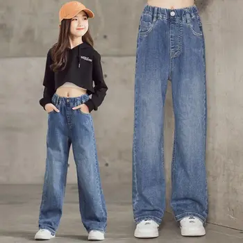 2023 ילדים ג 'ינס בנות רחבות ישר מכנסיים ילדים רופף מכנסיים התינוק ישר מכנסי ג' ינס אביב סתיו 4 עד 12 שנים G147