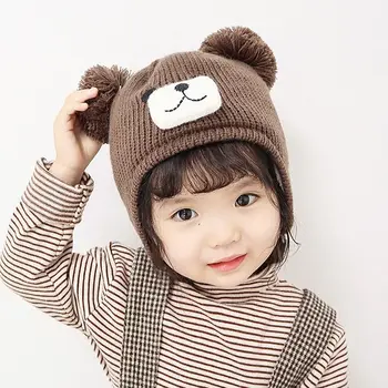 חמוד קריקטורה דוב תינוק ביני כובע חורף פונפון לעבות קטיפה תינוק סרוג כובע צבע מוצק ילדים ילד ילדה מחממי אוזניים, כובעי