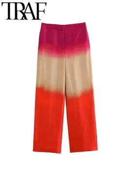 TRAF Y2k קיץ אופנה גימור סאטן הדפס נשים מכנסיים גבוהה המותניים כיסי צד ישר הרגל המכנסיים נשיים מכנסיים 2023 דק