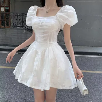 אלגנטי לבן מתוק שמלת קיץ אישה רטרו הצווארון המרובע פאף שרוול שמלה אוורירית femem קוריאנית אורגנזה מיני שמלת נסיכה